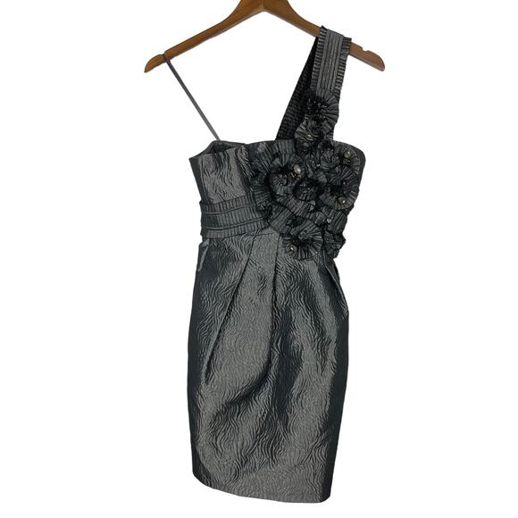 BCBGMAXAZRIA | NWT Gray One Shoulder Jacquard Rosette Cocktail Mini Dress - Picture 2 of 12